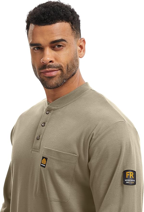 WORKWEYA 6.5oz Flame Resistant Henley Shirt 100% Cotton Lightweight FR Shirts for Men