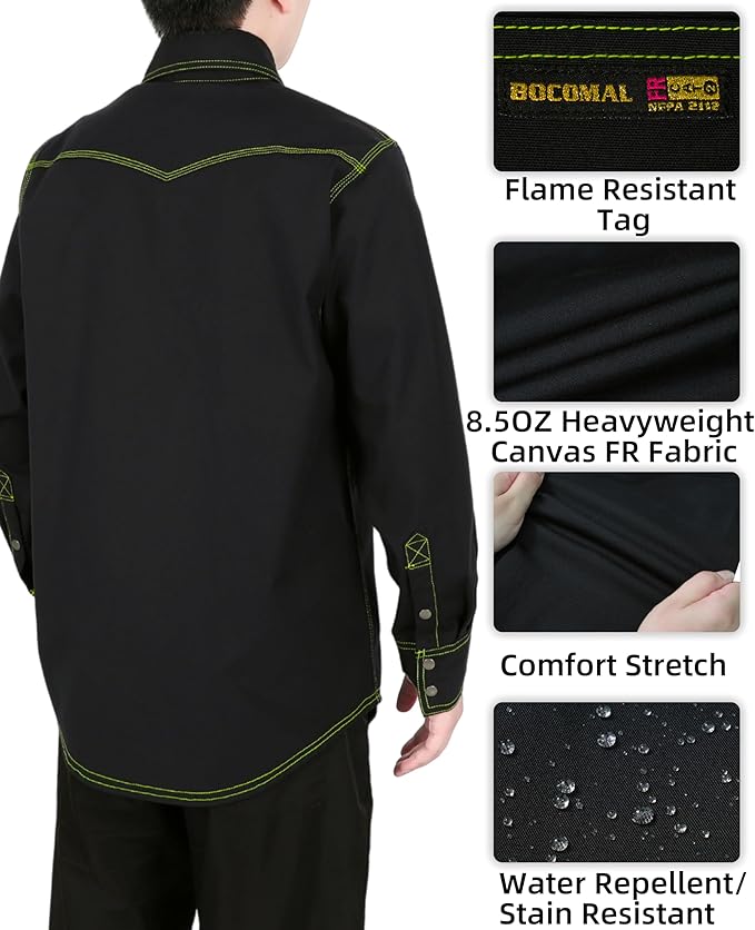 BOCOMAL FR Welding Shirts Heavyweight Stretch Canvas Snaps Down Reinforced Stitching Western Style Fire Resistant Jackets