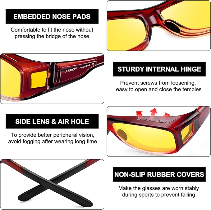 URUMQI Night Vision Driving Glasses Fit Over Eyeglasses for Men Women, Anti Glare Polarized Nighttime Glasses Yellow Lens