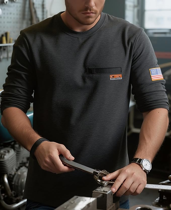 VATRENUS FR Shirt for Men Crewneck Midweight Utility Pocket Fire Resistant Long Sleeve Work Shirts NFPA2112 CAT2
