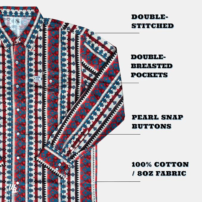 WoahBros FR Shirts for Men, 8oz Midweight Flame Resistant Welding Shirt, 100% Cotton, Pearl Snap Buttons - CAT2/NFPA2112