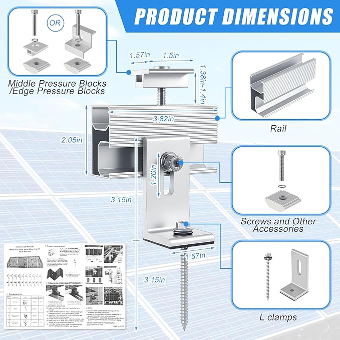 20 Pcs Solar Panel Mounting Brackets Kit for 1-9 Pieces Adjustable Aluminum Alloy Mounting Stand Support Photovoltaic Flat Pitched Roof Bracket for Slate, Tile, Cement, Wooden, Tin Roof