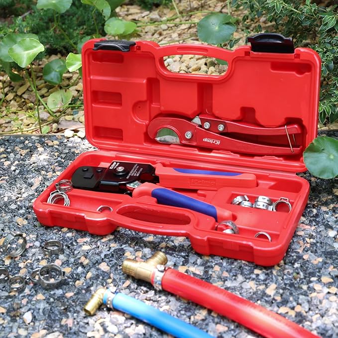 iCrimp One-Hand Crimping Tool Meets ASTM F2098, PEX Clamp Cinch Tool Kit with 20PCS 1/2-in, 10PCS 3/4-in PEX Clamps and Pipe Cutter- All in One