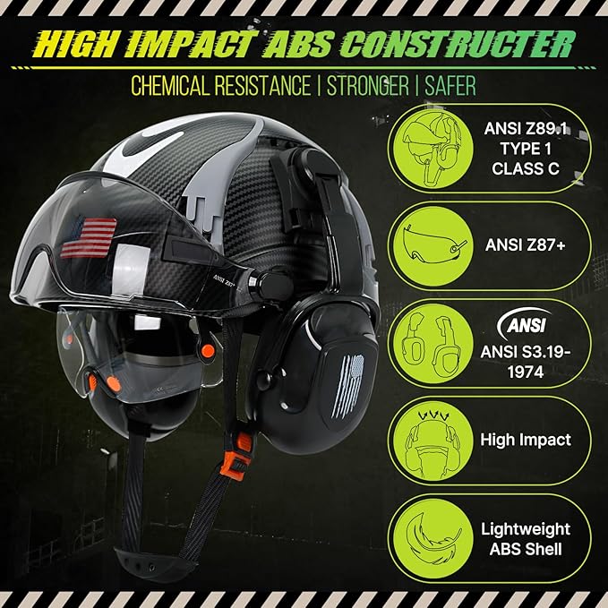 Hard Hat with Dual Visor and Hearing Protection-OSHA Approved Construction Hard Hats with Visor Sunglasses Earmuffs for Men,Vented Forestry Chainsaw Arborist Helmet with Chin Straps