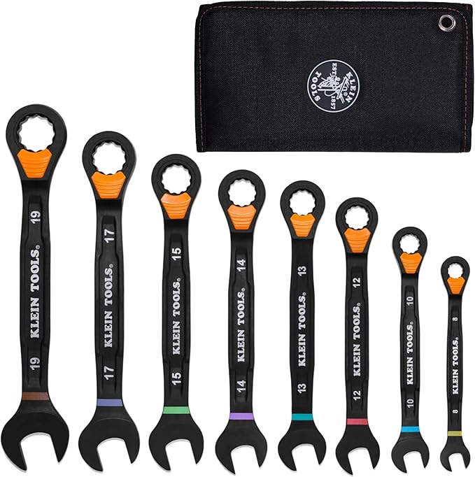 KLEIN TOOLS 69508M Metric Ratcheting Combination Wrench Set, 8-Piece, Slide-Lock 90-Tooth Ratchet, I-Beam Handle, Color-Coded Size Markings, Roll Pouch Storage