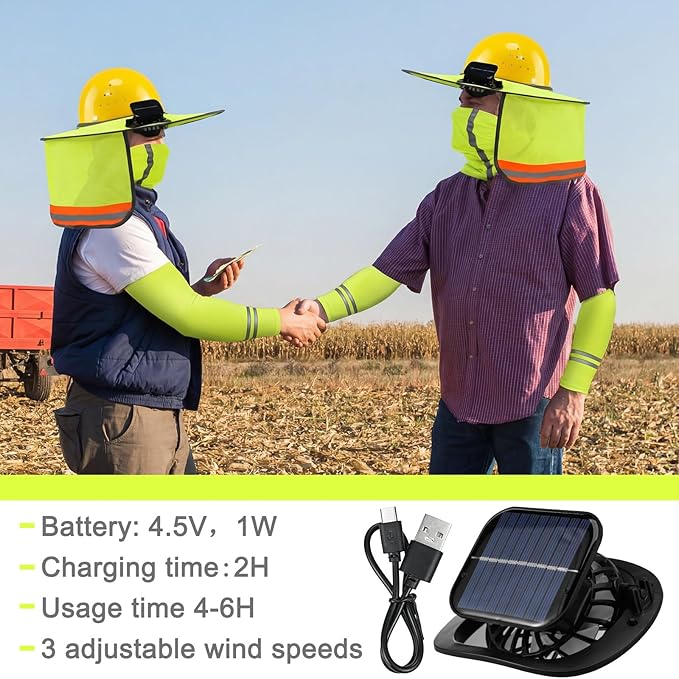 1 Set Sun Hard Hat Shade Full Brim Hard Hat Sun Visor with Solar Fans and Neck Sunshade Cover UV Reflective Strap Arm Sleeves Summer Protection Accessories