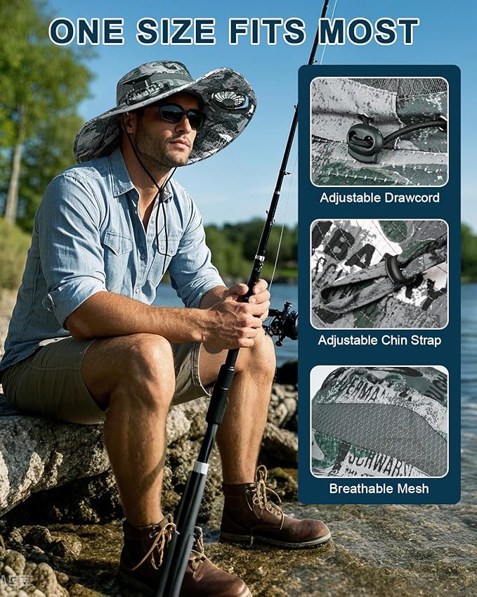 Wide Brim Sun Hat with 2 Solar Fan, Sun Bucket Hat for Men Women, UPF 50+ Bucket Fishing & Beach Hat with Fan
