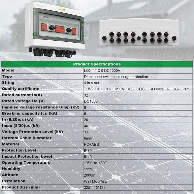 4 Strings Solar Disconnect Switch 32 Amp DC1000V with Lightning Surge Protector Arrester and IP65 Solar PV Combiner Breaker Box 4in 4out for Outdoor Solar Panel System