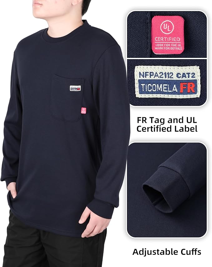 TICOMELA FR Shirts for Men Flame Resistant Shirt NFPA2112/CAT2 7oz Fire Retardant Men's Long Sleeve Henley Shirts