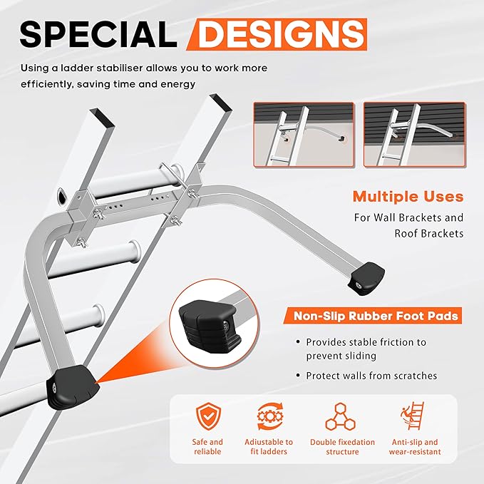 Aluminum Ladder Stabilizer Accessory for Roof Gutters with Wrench, Heavy Duty Extension Ladder Accessory, Wing Spread Wall Ladder Support/Wall Ladder Hook with Non-Slip Rubber Backing Pad