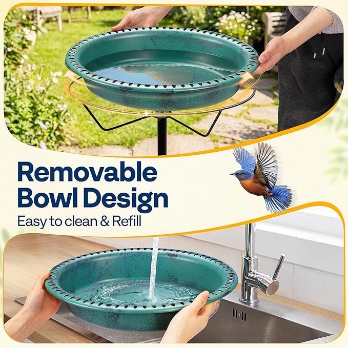 VIVOHOME Oval Bird Bath with Solar Fountain for Outside, Weather-Resistant ABS Birdbath Bowl with Solar Powered Pump, Metal Ground Stake for Outdoor, Garden, 1.3 Gallons, Green