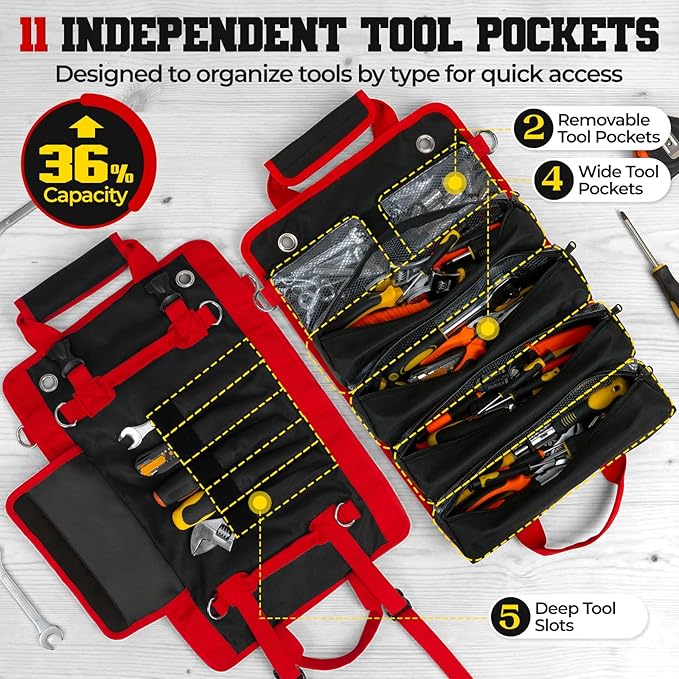Roll Up Tool Bag, Heavy Duty See-Through Tool Roll Organizer with 2 Detachable Pouches, Portable Mechanic & Motorcycle Tool Bag, Birthday & Father’s Day Gift, Red
