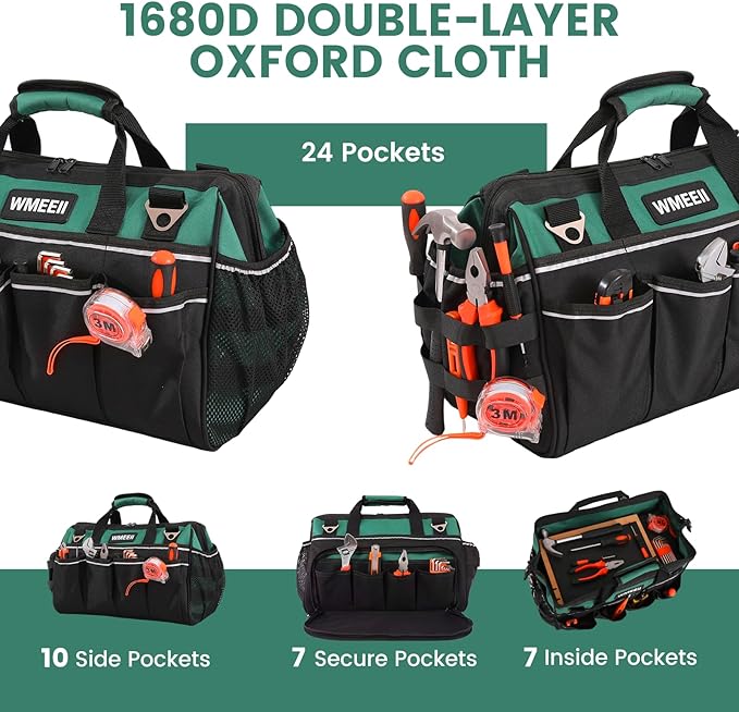 18-Inch Heavy Duty Tool Bag, 24-Pocket Empty Tool Bag Organizer,1680D Oxford Portable Tool Bags for Men,Soft Handle Large Zipper Toolbag for HVAC Craftsmen Contractors Carpenter