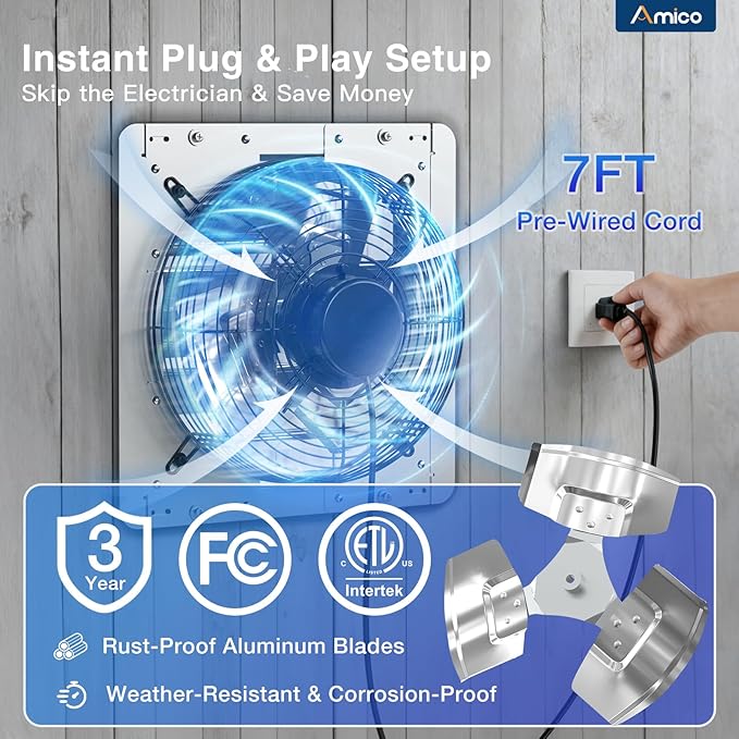 Amico 12 Inch Shutter Exhaust Fan with Remote,Energy Efficient &Quiet 25W DC Motor 1200 CFM Wall Mount Ventilation Fan for Garage,Greenhouse,Attic&Chicken Coop,9-Speed Adjustable,Plug In,Timer,FCC&ETL