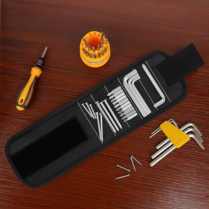 2PC Magnetic Wristband, 5-Row Strong Magnets for Holding Screws, Nails, Drill Bits, Tools Organizer for Craftsmen, Construction, Great Gift for Dad, Men (Black)
