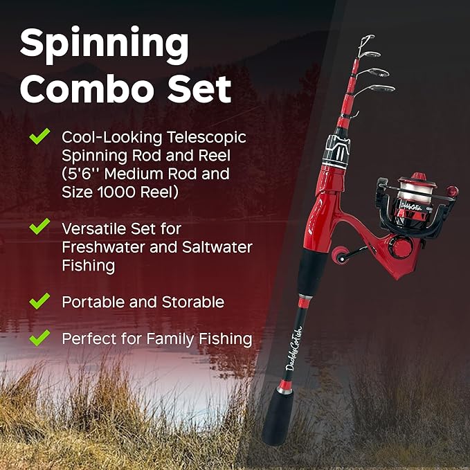 DaddyGoFish Spinning Fishing Rod and Reel Combo Set with Tackle Box | Kids Fishing Pole | Carbon Fiber Telescopic Fishing Rod Kit | Spinning Reel for Travel Saltwater Freshwater Fishing Gear Kit