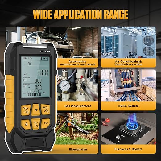 PT520 Manometer Gas Pressure Tester,Dual-Port HVAC Digital Manometer with Range of -100 to 200 KPa, 7 Units, Data Locking & Storage, 7Adapters,Backlit Display Screen