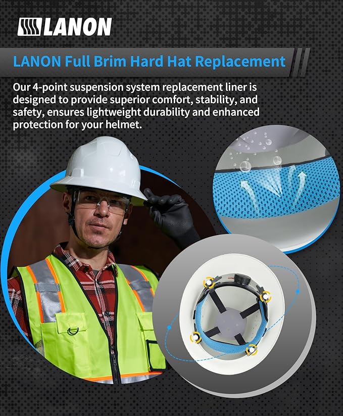 LANON 4-Point Hard Hat Replacement Ratchet Suspension, Standard Size, Newly Upgraded Moisture Wicking Sweat Band, OSHA & ANSI, Compatible with LANON Hard Hats Only