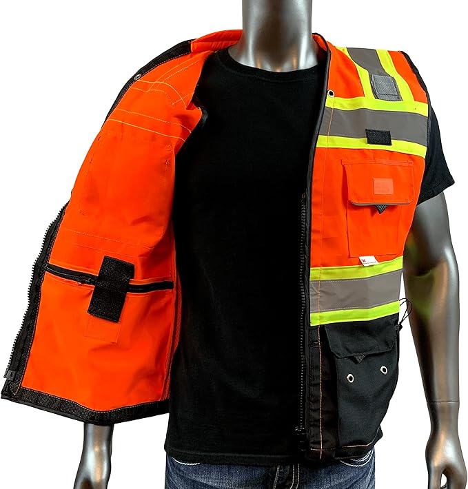 (C Vest For Mens Black Series Safety Vest With Zipper and Utility Pockets Premium Black Series Surveyors Vest (XX-Large, Orange/Black)