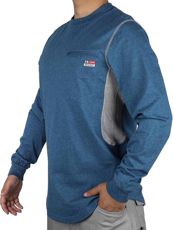 BOCOMAL FR Shirts for Summer Breathable Vented Design 6oz Heather Jersey Flame Resistant Long Sleeve Crew T Shirt
