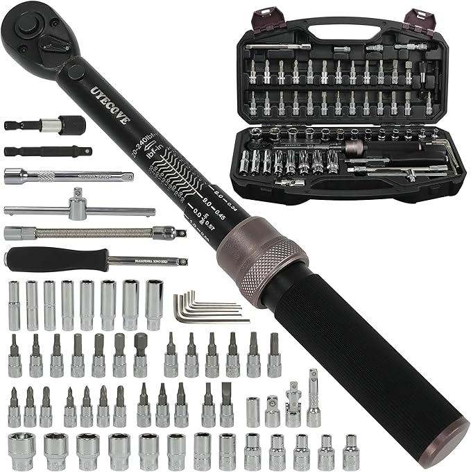 63Pcs 1/4-Inch Drive Click Torque Wrench Set(1-25 N.M/20-240IN.LB)，with Bit Socket Set Metric and Extension Bar for Auto Repairing and Household, with Storage Case