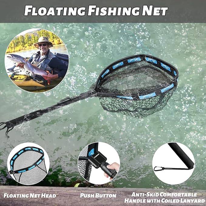 PLUSINNO Fishing Net Fish Floating Landing Net, Kayak Nets with Fixed Foldable Telescopic Pole Handle, Bass Trout Fishing Nets with Nylon Mesh for Pond Lake River, Fishing Gear Gifts for Men Anglers