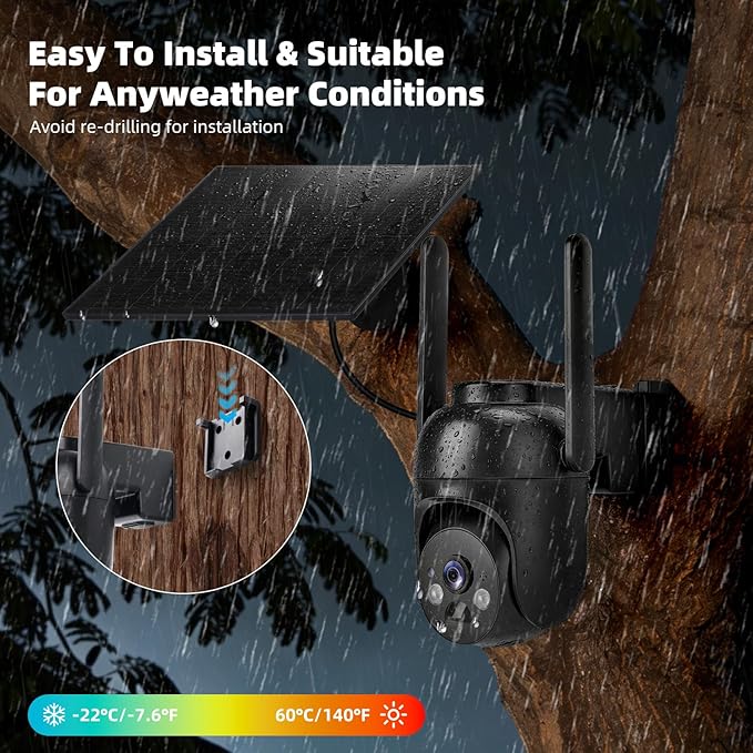 4G LTE Cellular Security Cameras Solar Powered No WiFi Security Camera Outdoor Wireless Built-in SIM Card 2K Color Night Vision 360° View Motion Detection 2-Way Audio 1 Pack