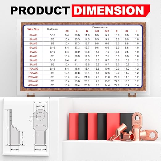 AIRIC 10 PCS UL Listed 1/0 AWG - 5/16" Battery Cable Lugs, Heat Shrink Ring Terminals End, Copper Cable Ends, Wiring Connector Terminal, Electrical Crimp Connectors, Wire Lug for 1/0 Gauge Wires