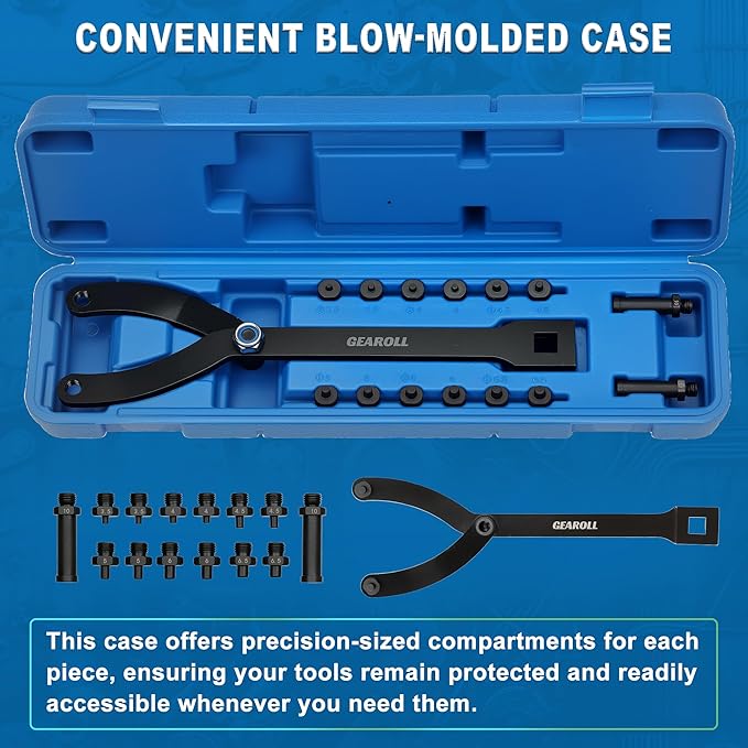 15PCS Pulley Holder Tool Kit, Universal Pin Spanner Wrench Set, 1/2" Drive Ratchet Adjustable Spanner Wrench with Variable Pins fits Camshaft Pulleys, Fan Clutch Removal Wrench Tool