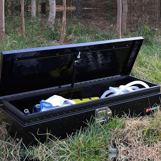 FORWODE 34 Inch Aluminum Truck Tool Box Lockable Truck Bed Tool Box Waterproof Truck Bed Storage Box with Gas Struts Truck Tool Chest for Pickup, Truck Bed, RV, Trailer & Garage (Black)