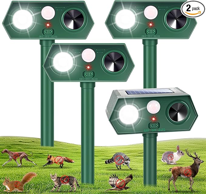 2026 Upgraded Solar Ultrasonic Animal Repellent Deer Repellent Devices with Motion Sensor & Flashing Light Cat Repellent Outdoor to Keep Squirrel Raccoon Rabbit Away from Yard Garden 2 Pack