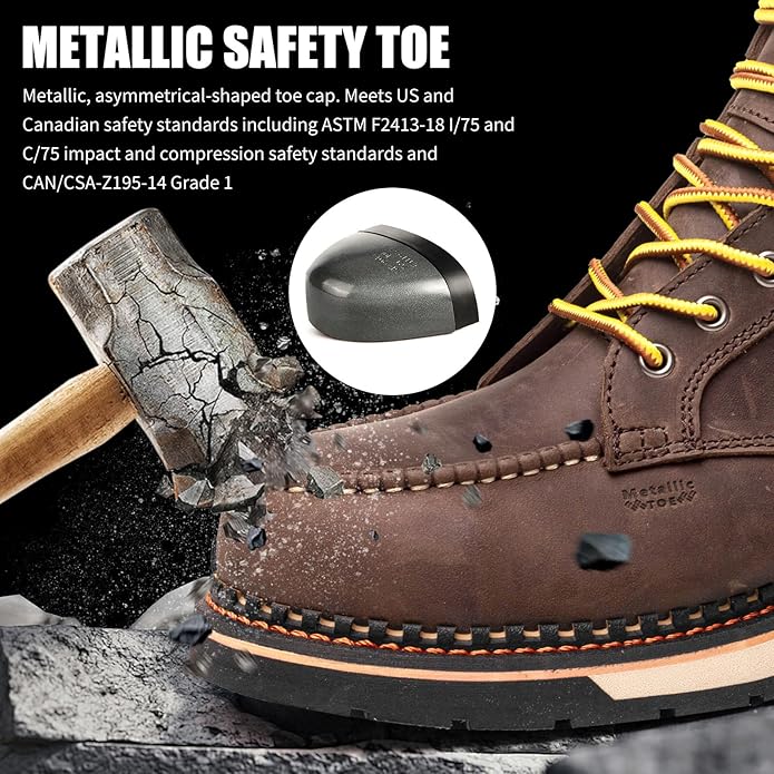 MWORK 6" Moc Toe Work Boots For Men Wedge Sole Leather Waterproof ASTM F2413-18 Safety Metallic Toe EH Rated Arch Support Anti Fatigue