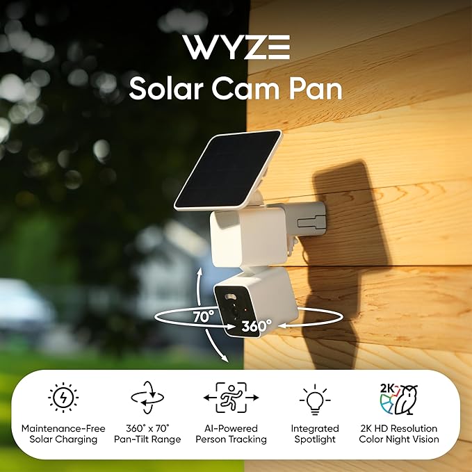 WYZE Solar Cam Pan 4 Pack(Flagship Model), Security Cameras Wireless Outdoor, 2K 360° Pan-Tilt Battery Powered 2.4GHz Wi-Fi Cameras for Home Security, AI Motion Detection, Color Night Vision