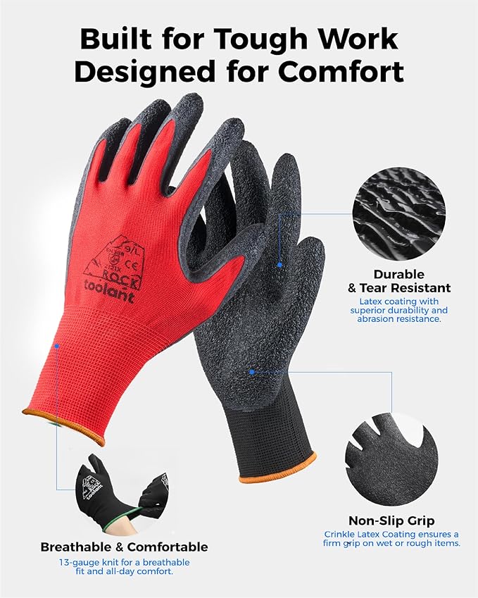 toolant Crinkle Latex Work Gloves Bulk, Rubber Coated Safety Work Gloves for Men and Women, 12 Pairs for Construction, Gardening, Warehouse (Black & Red, Medium)