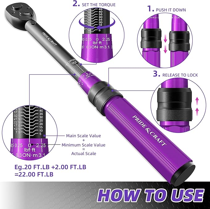 PRIDE&CRAFT 3/8 Inch Drive Click Torque Wrench, 3% High Precision Adjustable Dual Direction, 72-Tooth, 5-50 lbf.ft/6.8-68 Nm Torque Wrench for Bike, Motorcycle and Car Repair, Purple Black