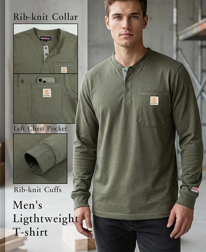 BOCOMAL FR Shirts for Men 5.5oz Lightweight Long Sleeve Work Henley Fire Resistant Shirt CAT2