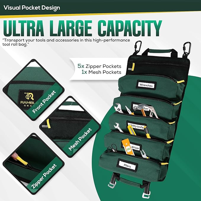 Roll Up Tool Bag Organizer – Heavy Duty Canvas Tool Roll Bag, Tool Roll Up with 5 Oversized Labeled Pockets & Carabiners, Portable Roll Up Tool Organizer for Mechanic, Truck & Car (Green)