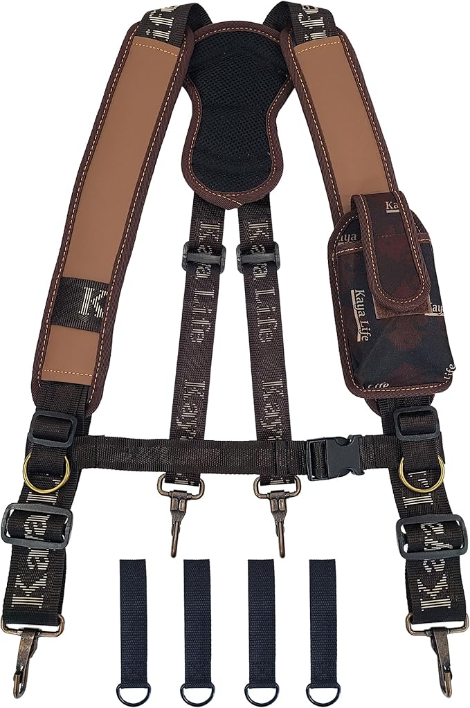 [HW GLOBAL] Tool Belt Suspenders for Men with Phone Pouch and Belt Loops - Adjustable Shoulder Padded Straps, Heavy Duty Steel Hooks, Construction Work Harness Carpenters, Electricians, Framers