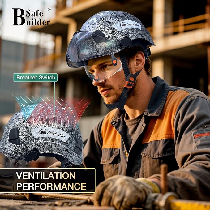 Construction Safety Helmet with Build-in Visor ABS Hard Hat with Visor Adjustable Ventilation Hardhats Work Head Protection ANSI/ISEA Z89.1