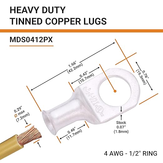 SELTERM 10pcs 4 AWG-1/2" Stud Tinned Copper Wire Lugs, Heavy Duty Battery Cable Ends,4 Guage Ring Terminals, UL Battery Lugs Marine Grade Copper Eyelets Electrical Battery Terminal Connectors