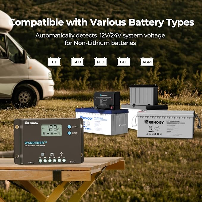 Renogy Wanderer 10A Solar Charge Controller - 12V/24V PWM Auto-Detect, LCD Display, USB & Lithium Support, Waterproof for RV Marine Off-Grid