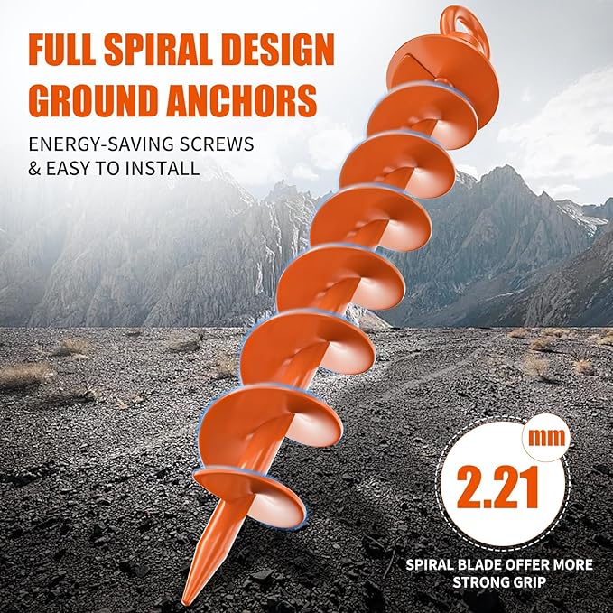 Ground Anchor Screw in, 8 Pack Spiral Trampoline Anchors with Nut and Tool Swing Set Anchors Tent Stakes High Wind Heavy Duty for Sheds, Carports, Mobile Home Orange