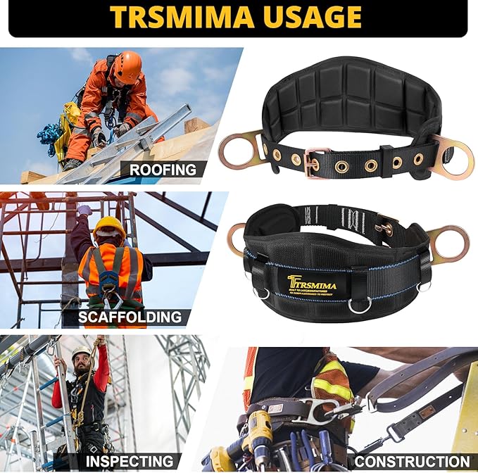 TRSMIMA Safety Harness Climbing Belt - Black Body Fall Protection Men Roof Tree Work Waist-Tongue Buckle Pad D-Ring