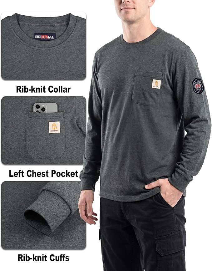 BOCOMAL FR Shirts Crewneck 7oz Midweight Flame Resistant Clothing NFPA2112 CAT2 Men's Fire Retardant Work Shirt