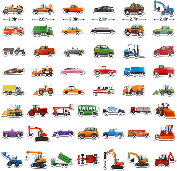 Construction Vehicle Stickers for Kids Boys Children - Including Truck, Tractor, Excavator, Crane, Bulldozer, Digger, and Assorted Car Sticker Decals, Party Favors, Pack of 100