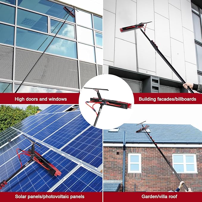 30FT Solar Panel Cleaning Brush & Squeegee Kit, Proffesional Window Washing Tool, 22in Wide Brush & 2 Dusting Brush, Water Fed Pole, Extendable Telescopic Pole for Roof Mounted Solar Panels