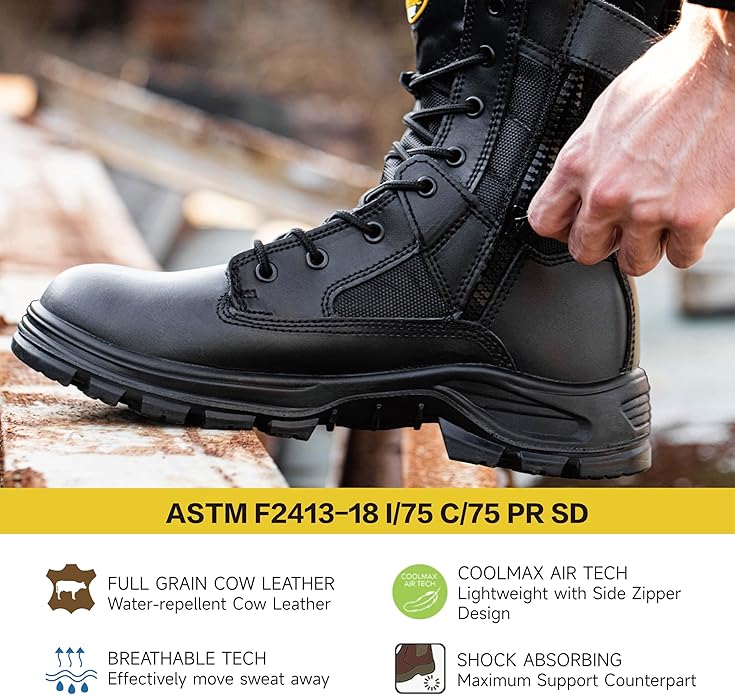 Men's Military Tactical Boots 8" Steel Toe Work Safety Boots with Side Zipper Lightweight Army Combat Boots