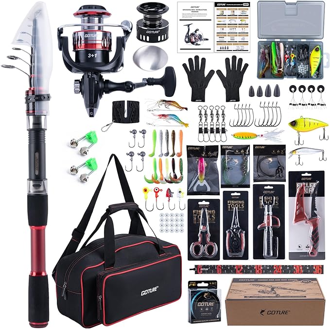 Goture Fishing Rod and Reel Combo, Red Telescopic Fishing Pole with Full Starter Kit & Carrier Bag, Portable 24T Travel Spinning Rod for Bass Trout, Freshwater Beginners Gift
