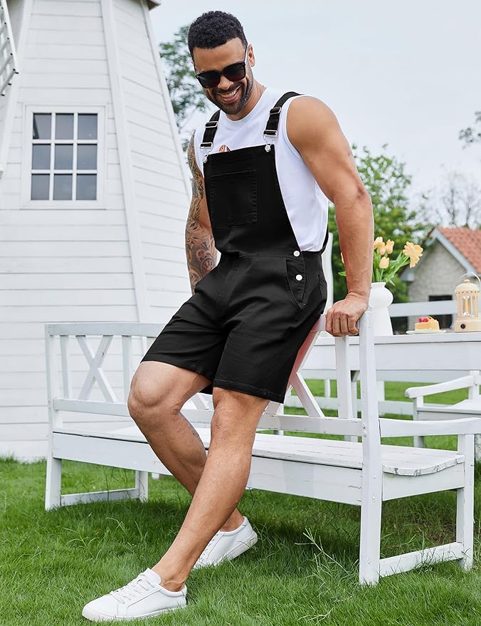 Bindefon Denim Overalls for Men Jean Shorts Jumpsuit Work Bibs Coveralls with Zipper