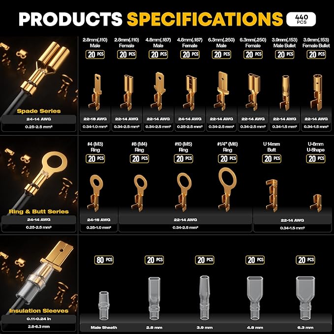 Crimping Tool Kit, 14-Type Open Spade & Quick-Disconnect Connector Set (2.8/3.9/4.8/6.3 mm) Non-Insulated Brass Terminals, 24–14 AWG Ratcheting Crimper, for Automotive, Marine, Appliance, DIY
